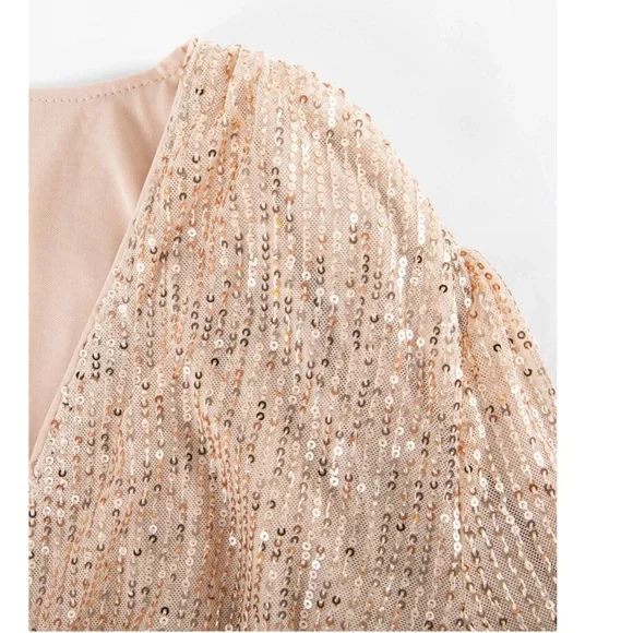 Gold Sequins on Beige V-Neck Surplice Long Sleeve Belted Mini Dress Short - Picture 6 of 11